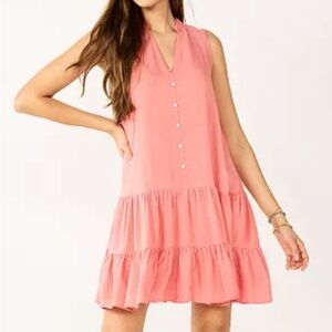 Nine West Drop Waist Sleeveless Tiered Ruffle Hem Dress in Coral Pink Large